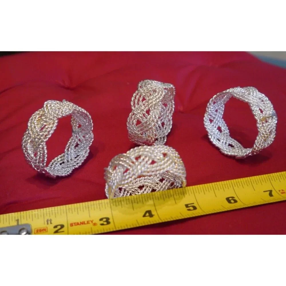 (4) Napkin Rings Nautical Braided Twisted Rope Style Vintage Wire Silver Tone